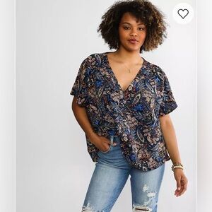Daytrip Blue Paisley V-Neck Leafy Textured Top Blouse